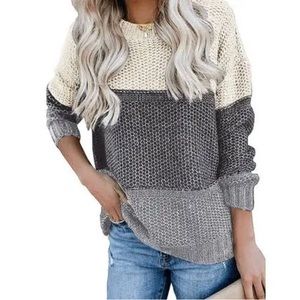 Merokeety Women's Crew Neck Long Sleeve Color Block Knit Sweater Casual Pullover